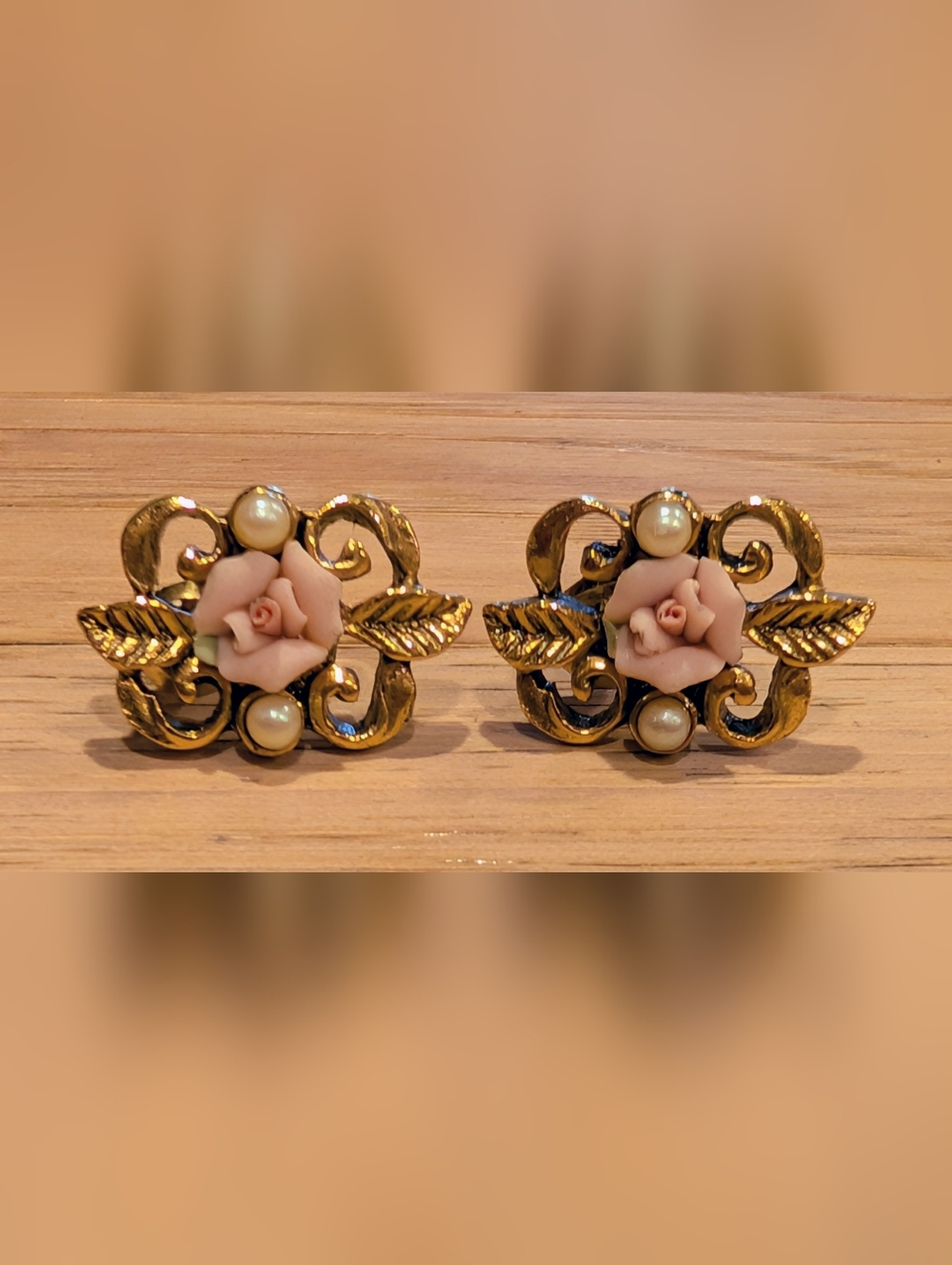 Roses And Pearls Goldtone Earrings